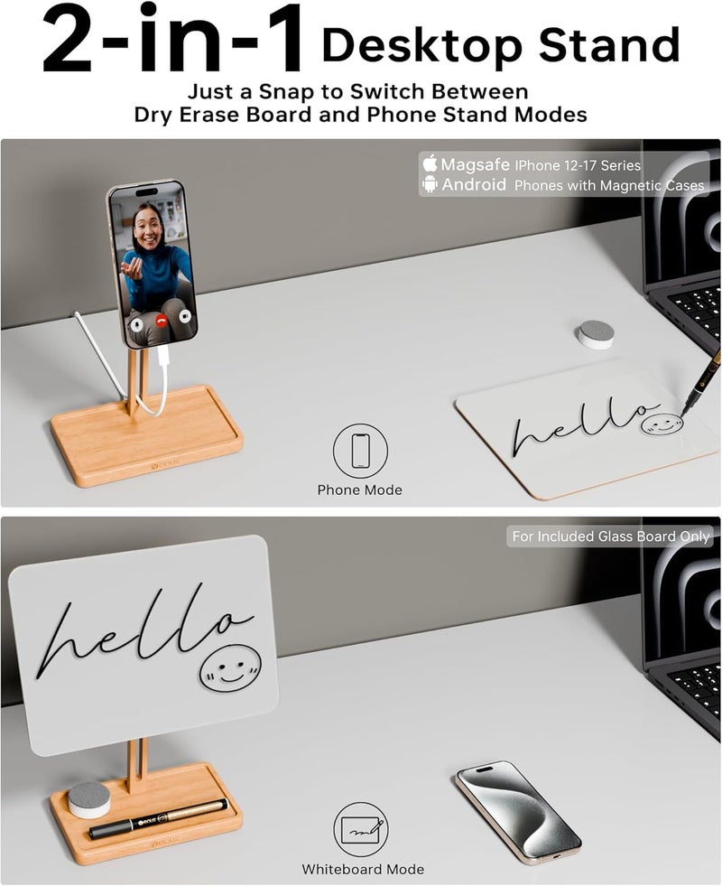 YEOUX Premium Desktop Glass Whiteboard & Magnetic Phone Stand 2-in-1 | 360° Adjustable | Solid Wood | Compatible with MagSafe, Small Dry Erase Board for Office Home Desk - Image 2